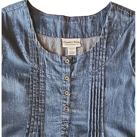Womens Denim Midi Shirt Dress L Embroidered Pintuck Cottage Coastal Granny Chic - Picture 2 of 10